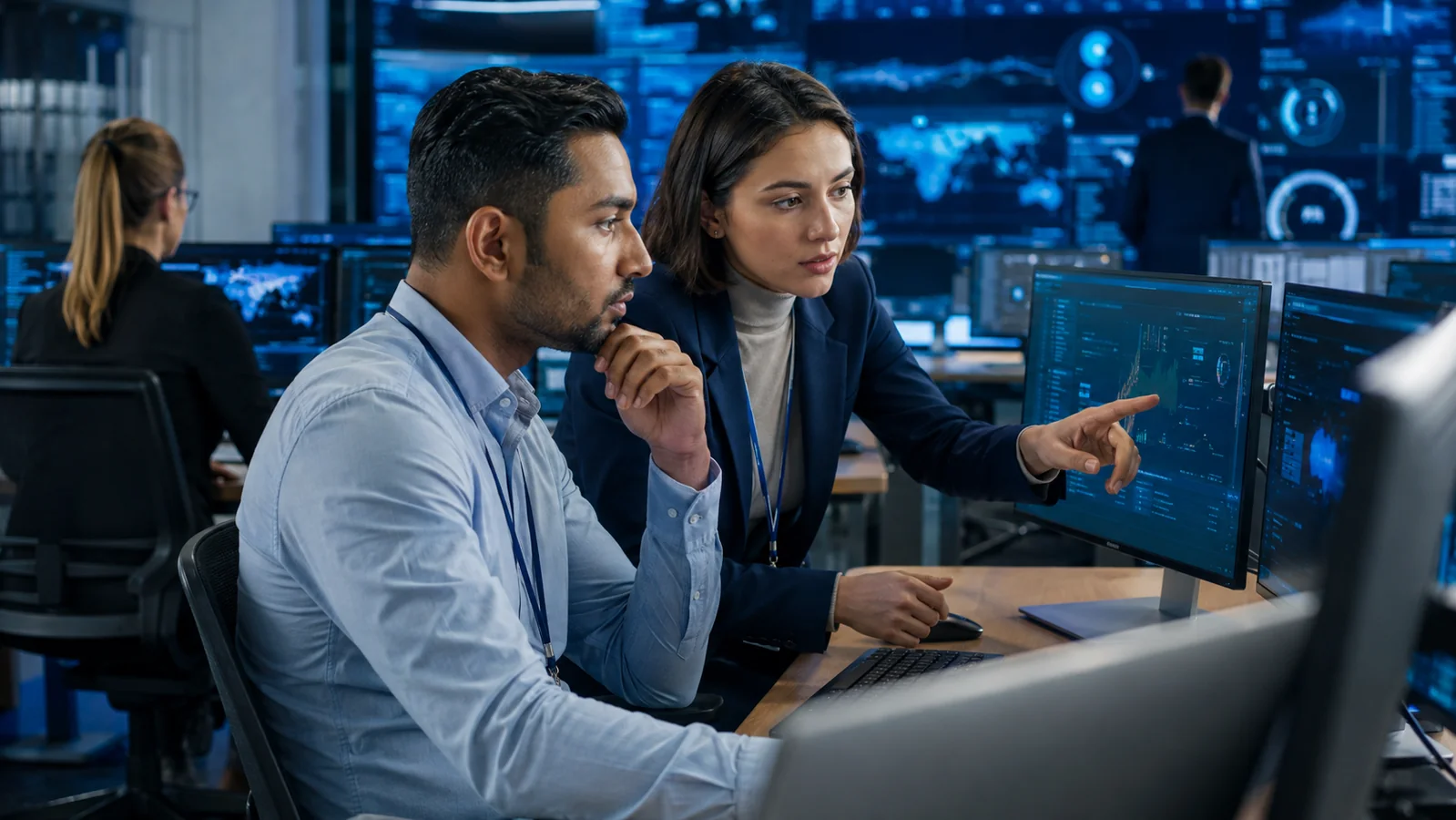 Cybersecurity analyst monitoring secure systems
